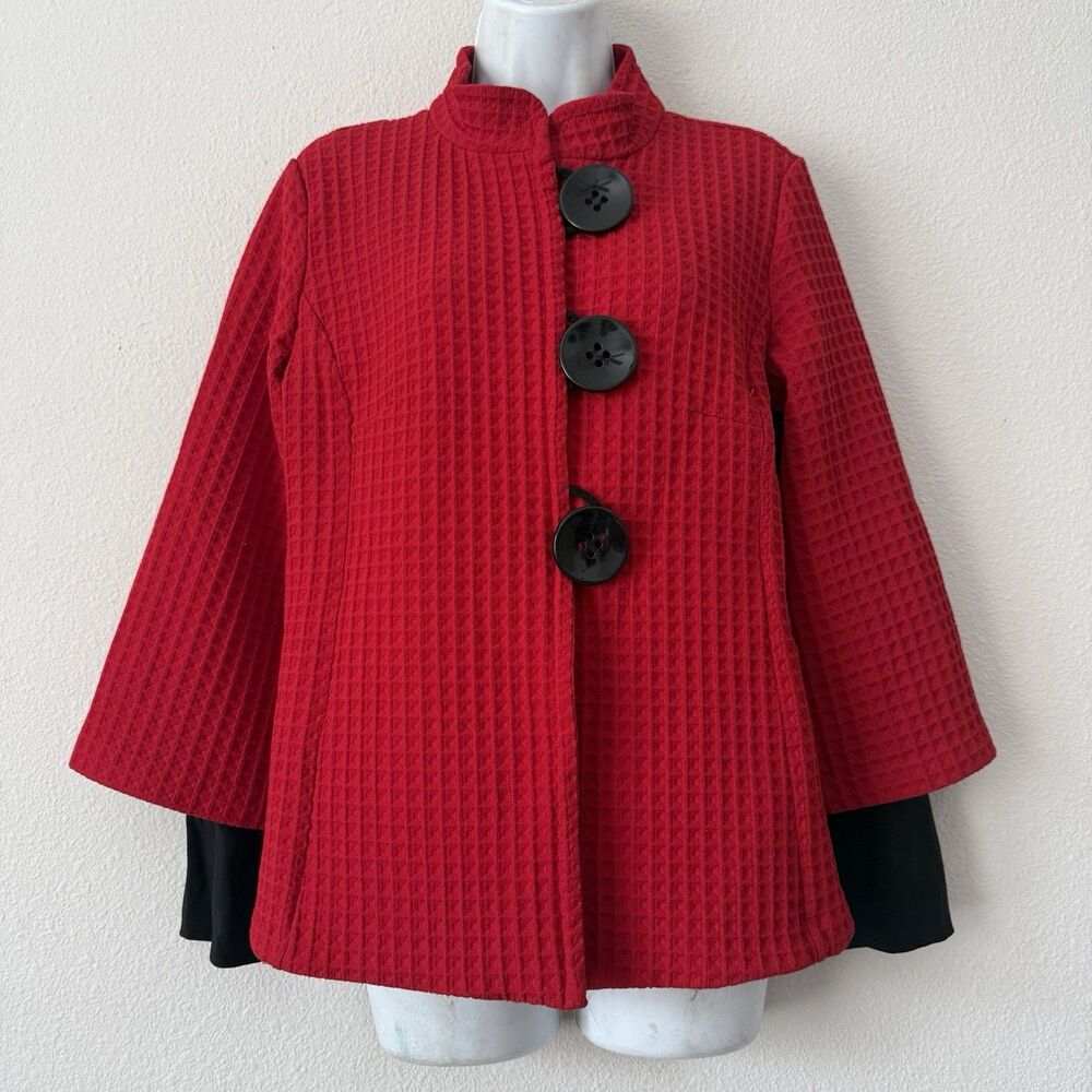 Ali Miles Red Textured Waffle Jacket Giant Button Quirky Lagenlook Swing Coat S
